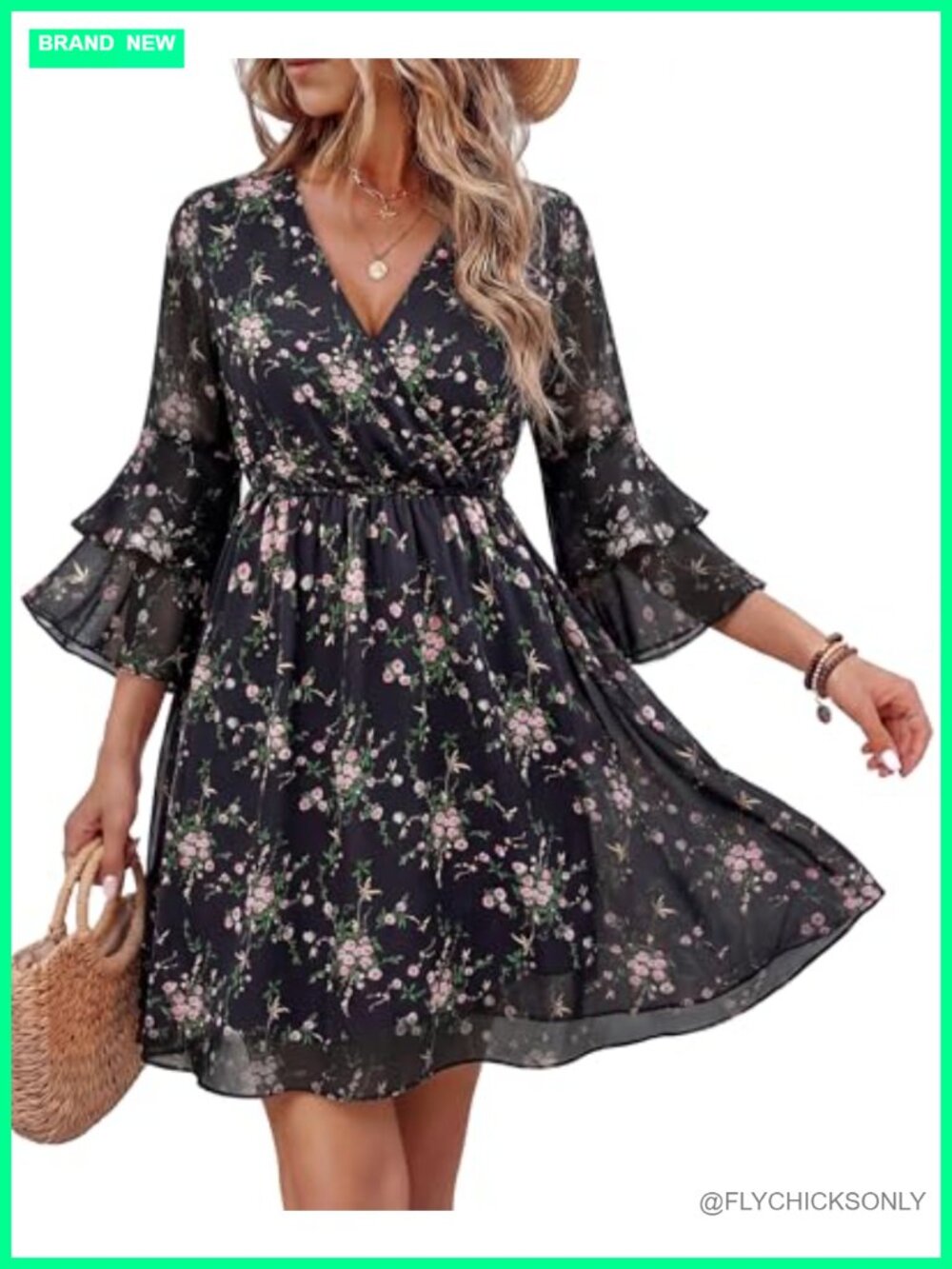 Womens V-Neck Chiffon A-Line Dress 3/4 Ruffle Sleeve Flowy Mini Dress